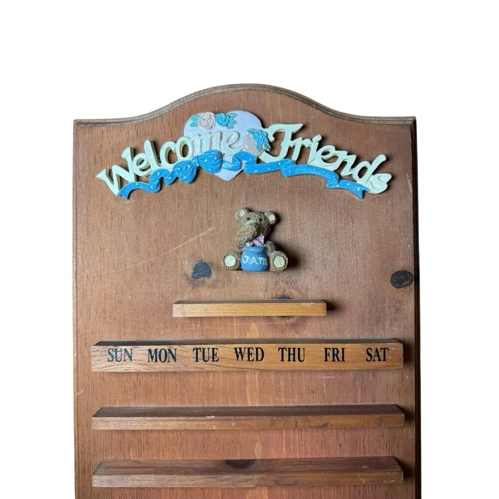 Wooden Perpetual Wall Calendar Cottagecore Folk Art Decor Bear Welcome Friends
